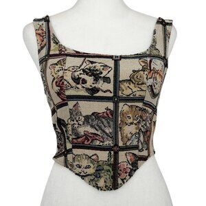 Cider Vintage-Inspired Cat Tapestry Corset Crop Top (XS)